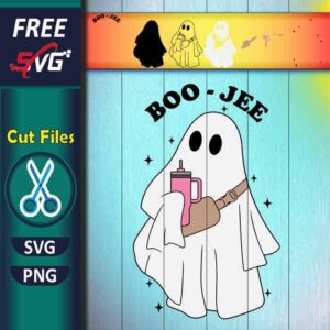 Boo Jee Ghost Halloween SVG free, Cute Ghost with Coffee SVG