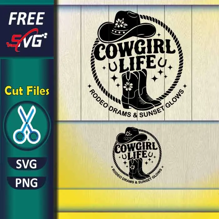 Download Free Cowgirl Life SVG PNG cut file for personal and commercial use. High-quality western rope frame design with hat & boots perfect for Cricut & Silhouette—ideal for rodeo apparel, southern-style shirts, and DIY country crafts. Free-Cowgirl-Life-SVG-PNG-for-Cricut-Western-Rope-Frame-Hat-and-Boots-Design