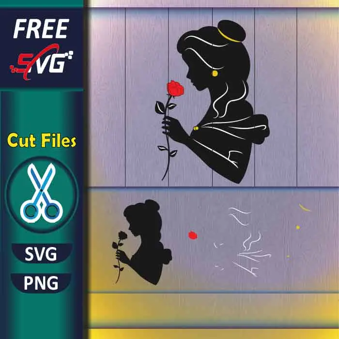 Download Free Princess Belle with Rose SVG for Cricut, Beautiful Disney Princess Character Line Art Silhouette SVG cut file for personal use. High-quality, clean design perfect for Cricut & Silhouette—ideal for kids' shirts, princess birthday party apparel, and DIY Disney crafts. Free-Princess-Belle-with-Rose-SVG-PNG-for-Cricut-Projects-Disney-Crafts